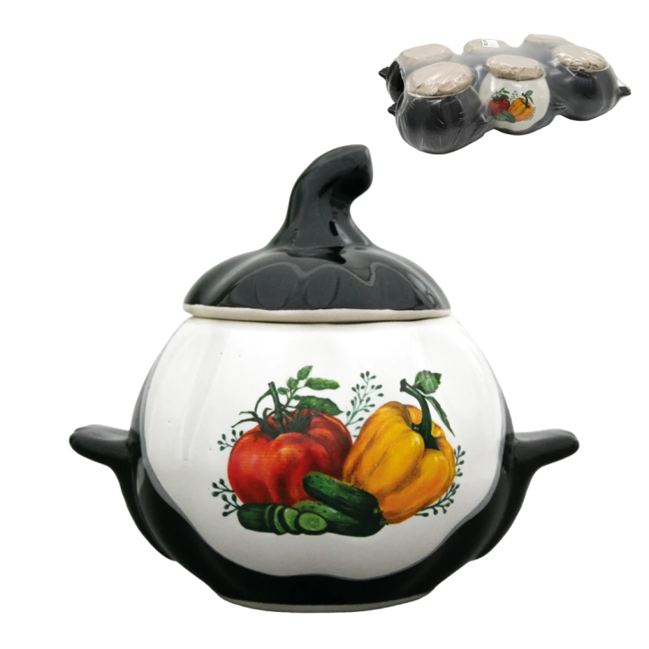 Baking Pot Pumpkin, white and brown with handles, 0,75 L, vegetable decal (Set of 6 pots)