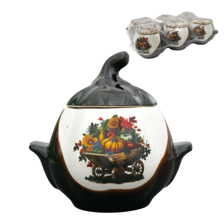 Backtopf Kürbis, weiß-braun mit Henkeln, 0,75 l, mit Wagen-Dekor (Set mit 6 Töpfen)