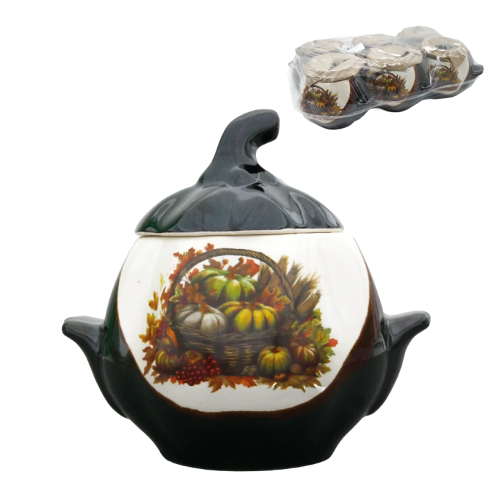 Backtopf Kürbis, weiß-braun mit Henkeln, 0,75 l, mit Kürbis-Dekor (Set mit 6 Töpfen)