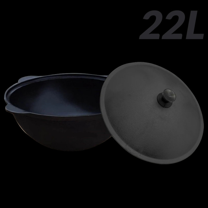Uzbekischer Kasan 22 L, aus Gusseisen, runder Boden, mit Aludeckel. *