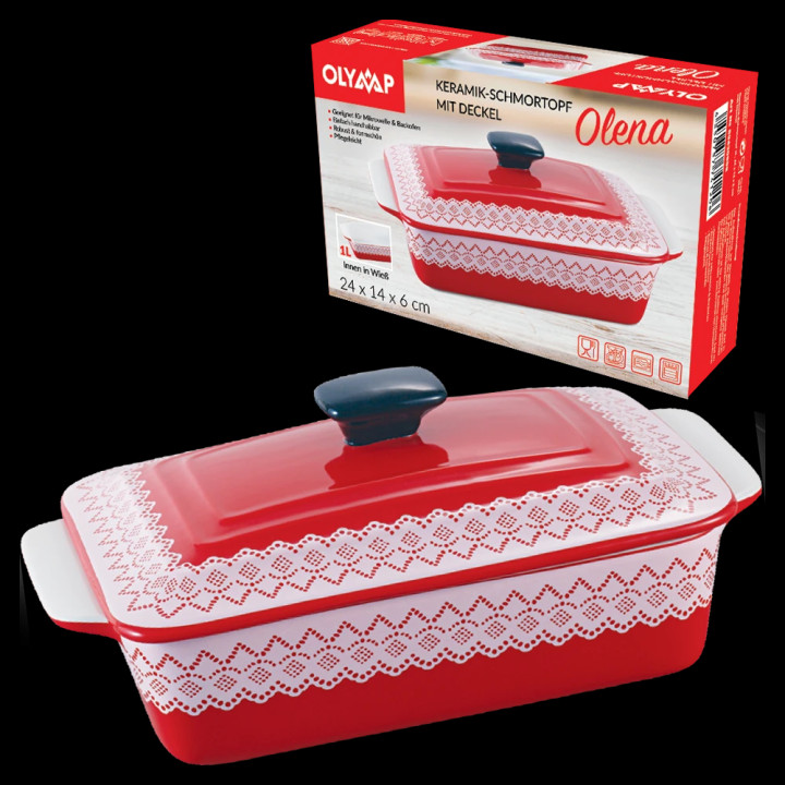 Ceramic baking dish with lid OLENA 1 liter, red, 24 x 14 x 6 cm