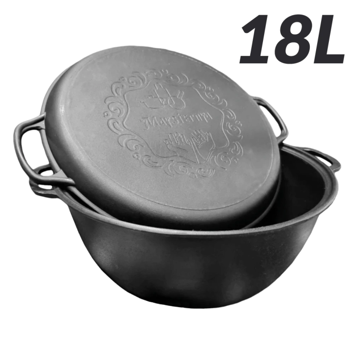 Uzbekischer WOK Kessel aus Gusseisen 18 Liter mit Pfannen-Deckel