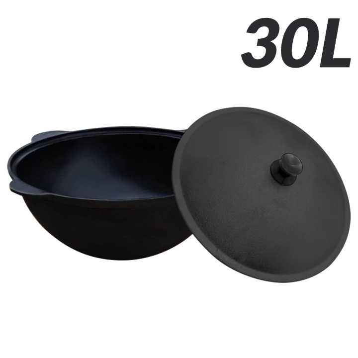 Uzbek cast iron cauldron, 30 liters, round bottom, with lid