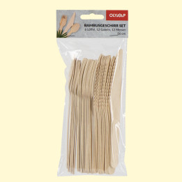 Set of disposable bamboo utensils 6 spoons, 12 forks, 12 knives