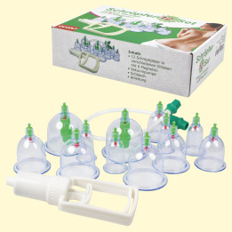 Schröpfen 12er Set für Vakuummassage, H-6 bis 8 cm, D-3 bis 6,5 cm, mit 6 Magneten