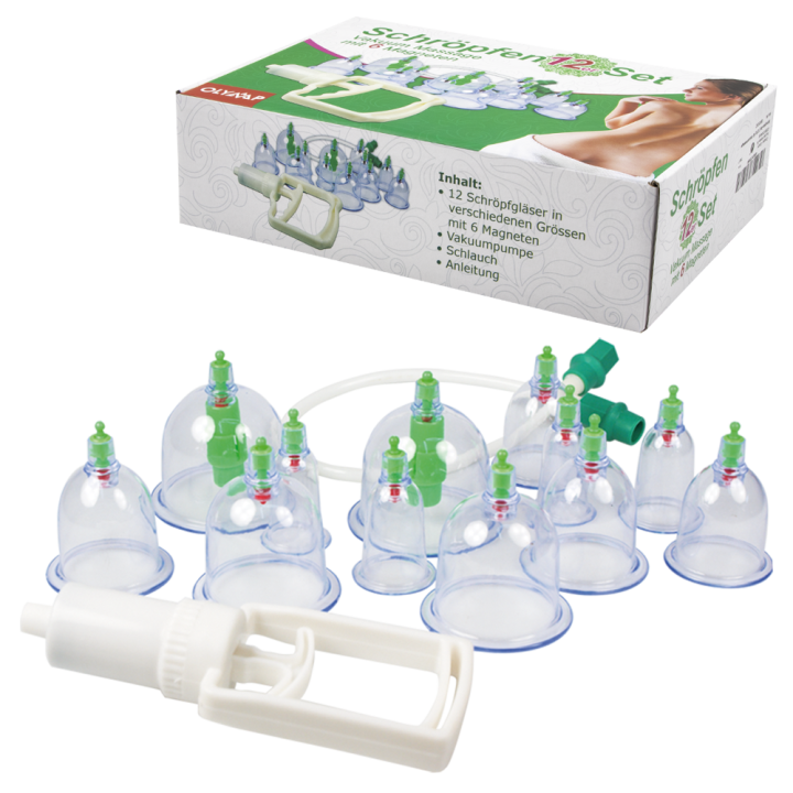 Set of 12 Vacuum Massage Cups, Height: 6 to 8 cm, Diameter: 3 to 6,5 cm, with 6 Magnets