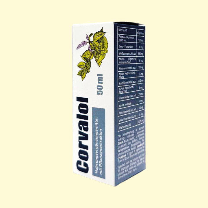 Corvalol, 50 ml, mehrsprachige Verpackung: RU, DE, EN, FR, NL, ES, IT