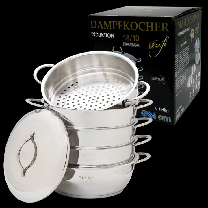 Pressure cooker 24 cm, 6 parts, stainless steel 18/10, with metal handles.