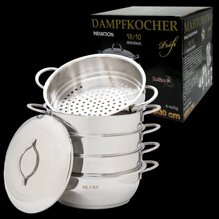Dampfkocher 30 cm, 6 Tlg., Edelstahl 18/10, mit Metallgriffen
