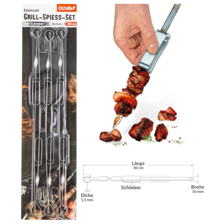Grill-Spieße-Set mit Schieber,6St 50x1 cm Edelstahl 1,5 mm