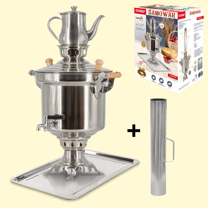 Samovar set 5 l, stainless steel 1.2 mm, chimney pipe, tray, teapot 0.9 L