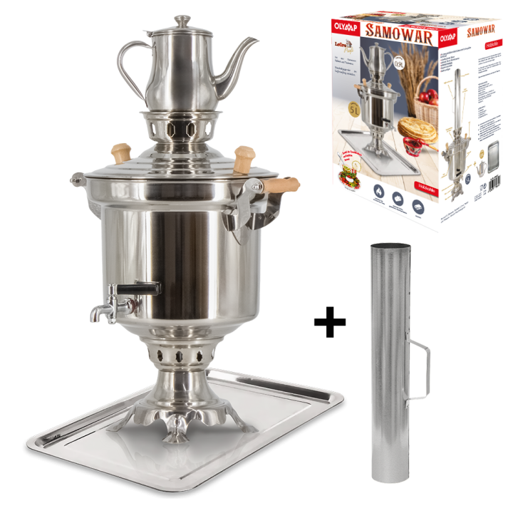 Samowar - Set 5 l, Edelstahl 1,2 mm, Schornsteinrohr, Tablett, Teekanne 0,9 L