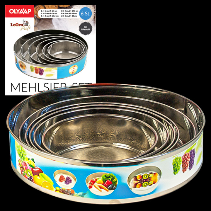 Mehlsieb-Set (6 St.), Fassung aus Edelstahl, Ø 15 - 27 cm, H-6 cm