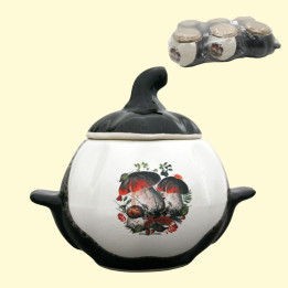 Backtopf Kürbis, weiß-braun mit Henkeln, 0,75 l, mit Pilz-Dekor (Set mit 6 Töpfen)