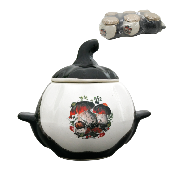 Baking Pot Pumpkin, white and brown with handles, 0,75 L, mushroom decal (Set of 6 pots)