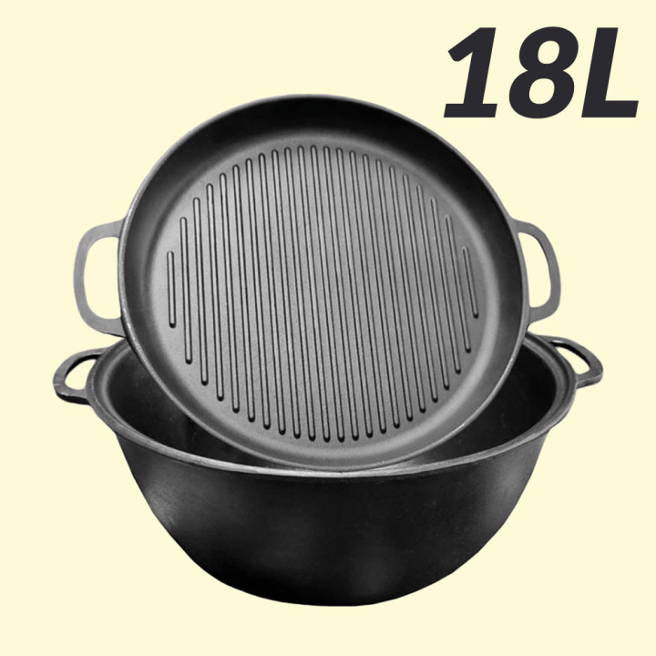 Uzbekischer Kessel aus Gusseisen 18 Liter mit Grillpfannen-Deckel