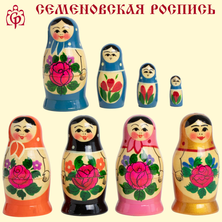 Matryoshka Semenevskaya M4 9 cm, different colors