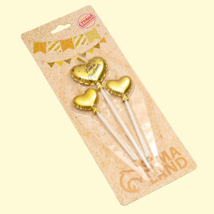 Cake candles, 3 pcs. Воздушный шарик. Сердце, gold, made of paraffin