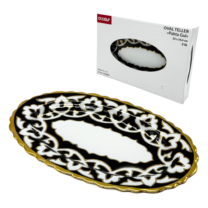 Oval Plate Pahta Gul Blue-Gold, Set of 3, Uzbekistan, 23 x 14.4 cm