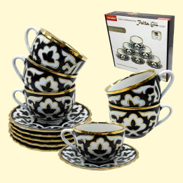 Kaffeeservice Pahta Gul 12 tlg, 6 Tassen + 6 Untertassen, weiß-blau-gold, Usbekistan