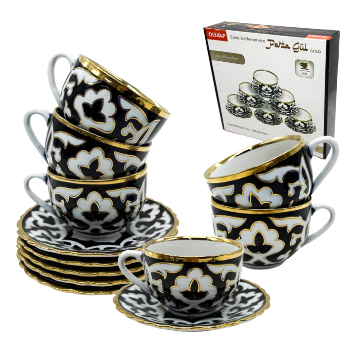 Pahta Gul Coffee Set, 12 Pieces – 6 Cups + 6 Saucers, White-Blue with Gold Detailing, Made in Uzbekistan