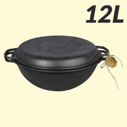 Uzbekischer Kessel aus Gusseisen 12 Liter mit Pfannen-Deckel