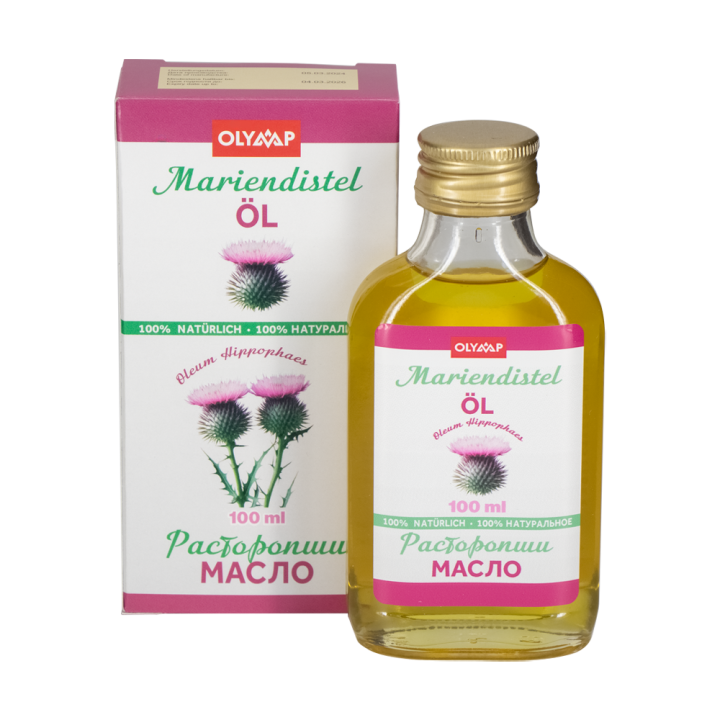 Thistle seed oil, 100 ml, multilingual packaging: RU, DE, EN, FR, ES, IT