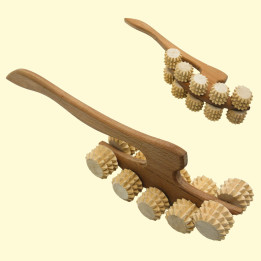 Wooden Anti-Cellulite Roller Massager "Hatchet" with Handle, 10 Rollers