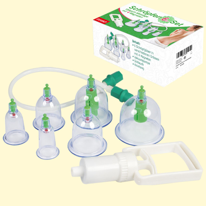 Schröpfen 6er Set für Vakuummassage, H-6 bis 8 cm, D-3 bis 6,5 cm, mit 4 Magneten