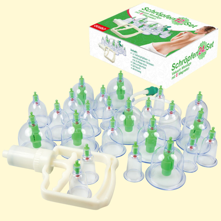 Schröpfen 24er Set für Vakuummassage, H-6 bis 8 cm, D-3 bis 6,5 cm, mit 8 Magneten