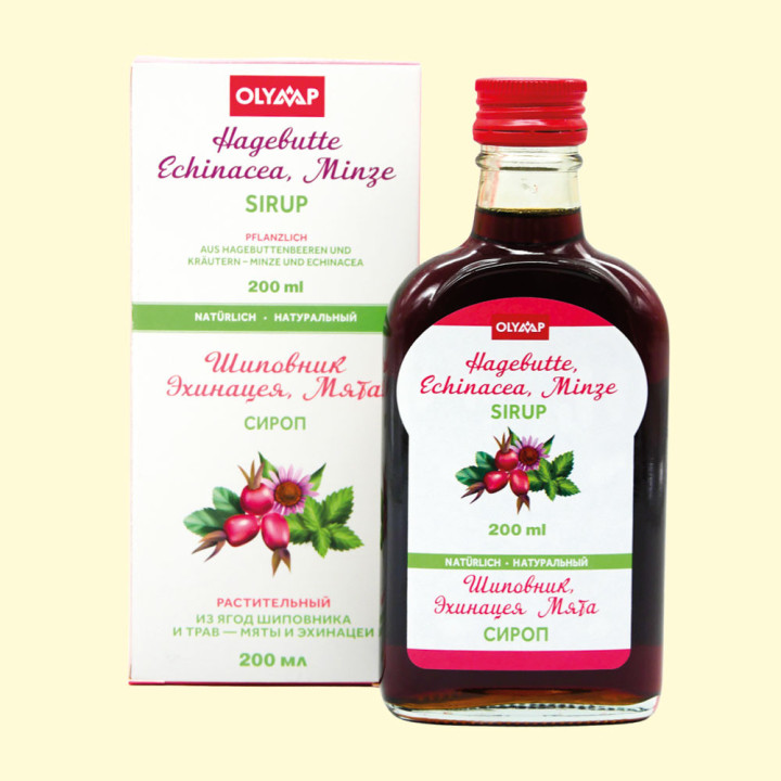 Hagebutte-Echinacea-Minze Sirup, 200 ml, mehrsprachige Verpackung: RU, DE, EN, FR, ES, IT