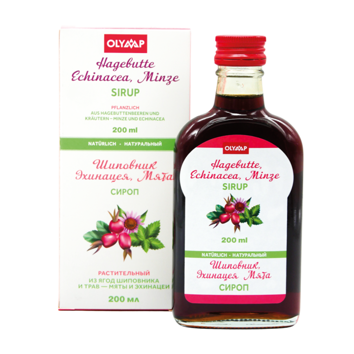 Hagebutte-Echinacea-Minze Sirup, 200 ml, mehrsprachige Verpackung: RU, DE, EN, FR, ES, IT