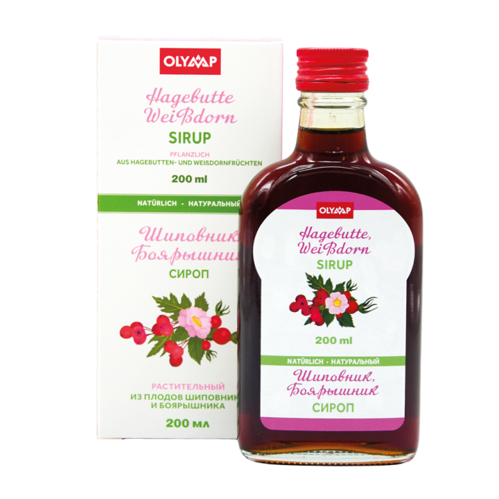 Hagebutte-Weißdorn Sirup, 200 ml, mehrsprachige Verpackung: RU, DE, EN, FR, ES, IT