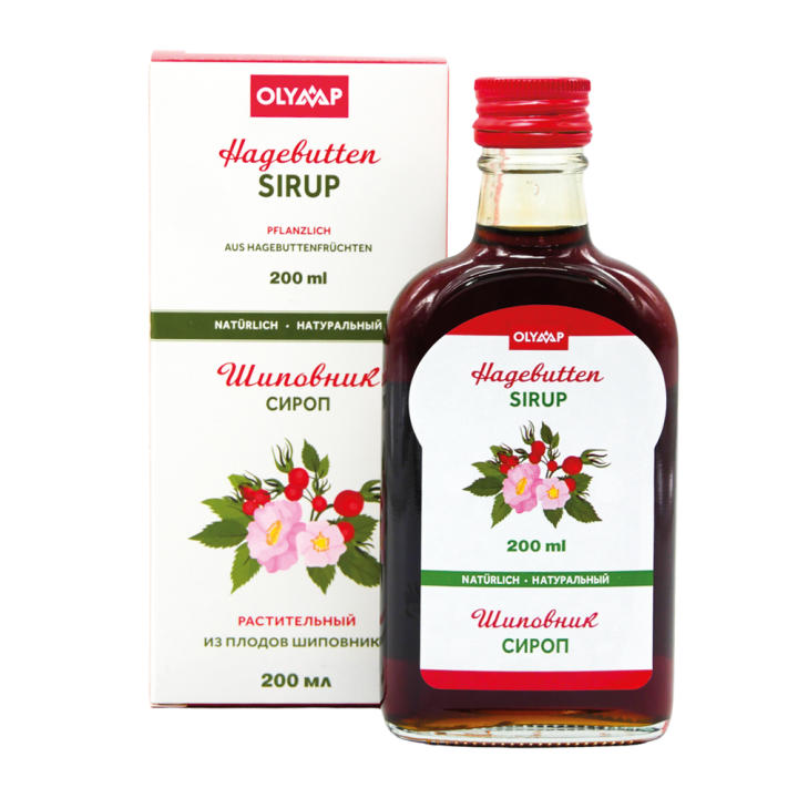 Rosehip Syrup, 200 ml, multilingual packaging: RU, DE, EN, FR, ES, IT