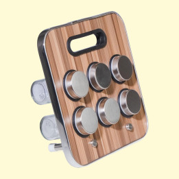 Spice rack with 6 glass and stainless steel jars, wood-look holder, 23 × 23.5 × 1.5 cm