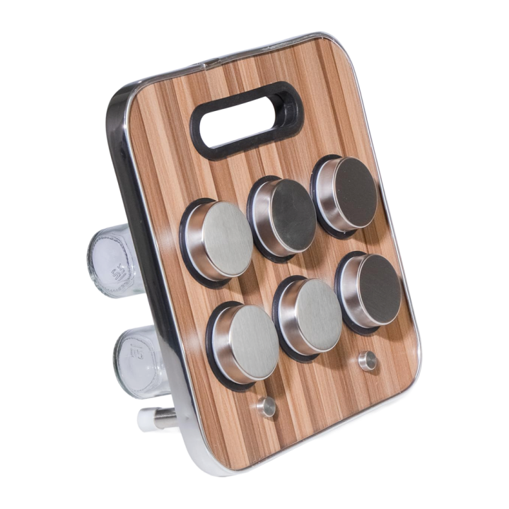 Spice rack with 6 glass and stainless steel jars, wood-look holder, 23 × 23.5 × 1.5 cm