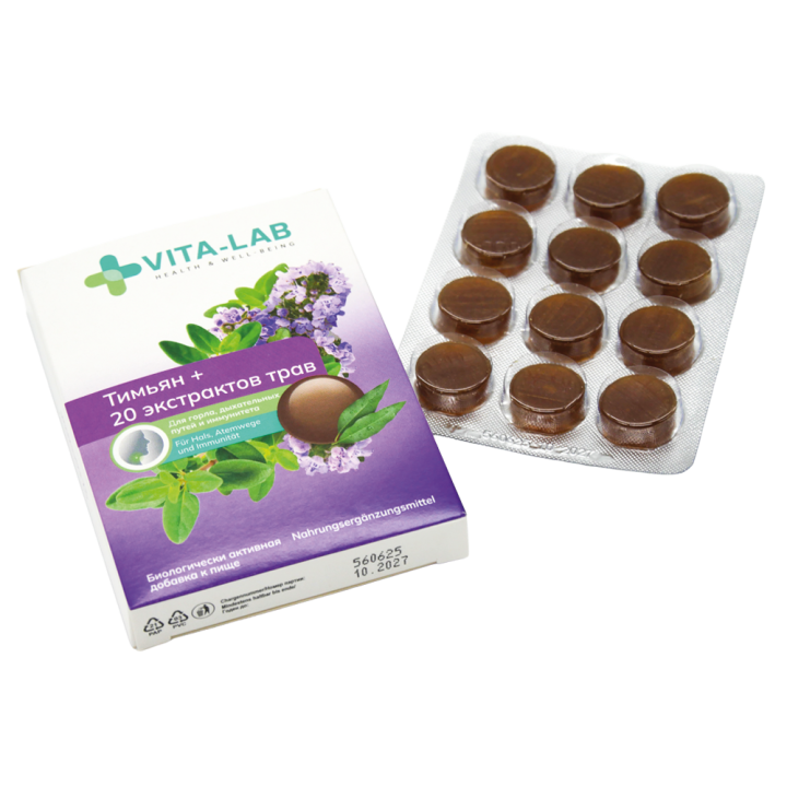 VITA-LAB Halsbonbons mit Thymian und 20 Kräuterextrakten, 12 Stück