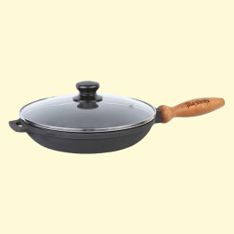 Bratpfanne aus Gusseisen mit Holzgriff und Glasdeckel 26×4 cm