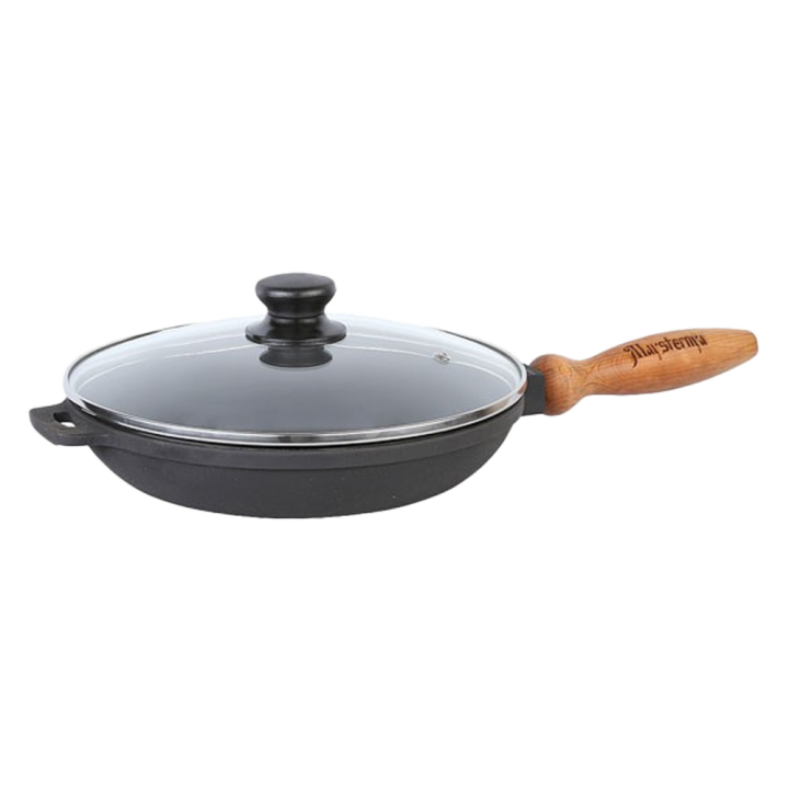 Bratpfanne aus Gusseisen mit Holzgriff und Glasdeckel 26×4 cm