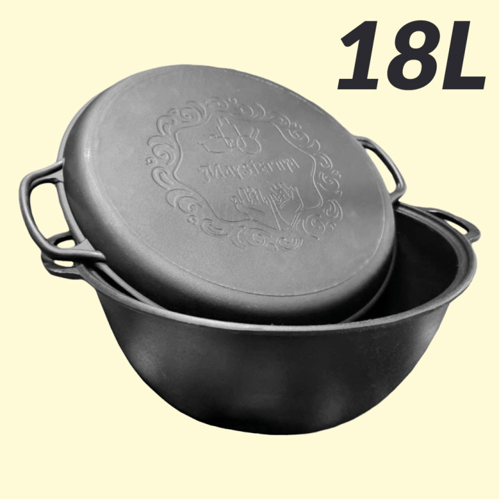 Uzbekischer WOK Kessel aus Gusseisen 18 Liter mit Pfannen-Deckel