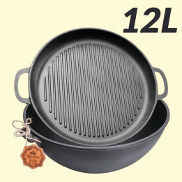 Uzbekischer Kessel aus Gusseisen 12 Liter mit Grillpfannen-Deckel