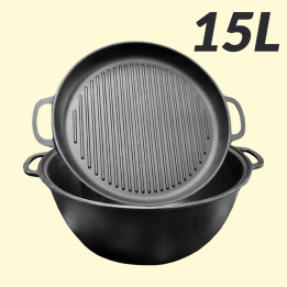 Uzbek cast iron cauldron 15 L with grill pan lid