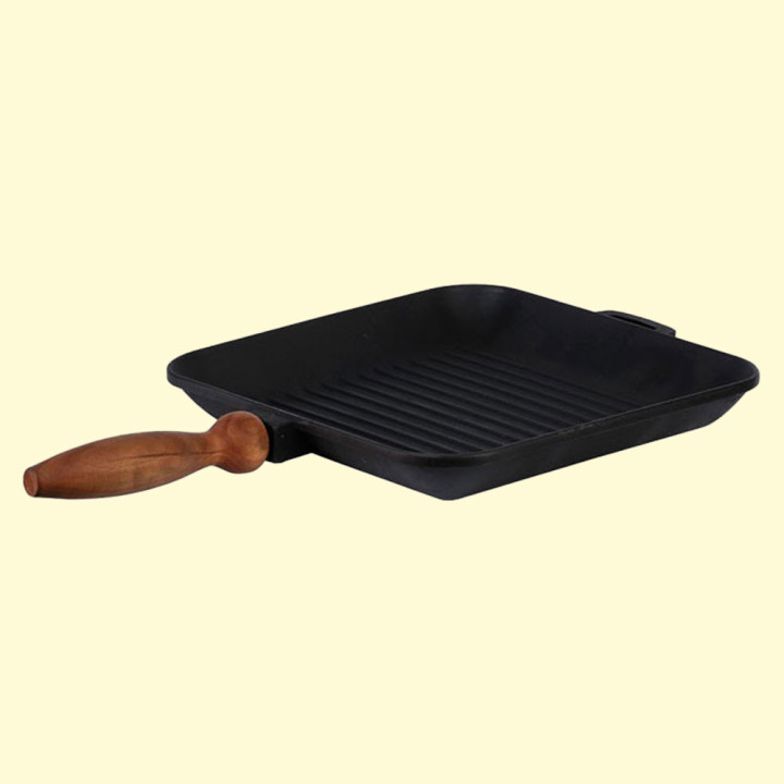 Cast iron grill pan with wooden handle 28x28x4 cm
