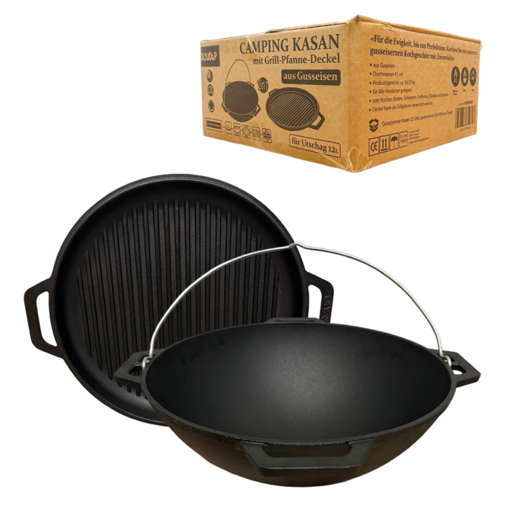 Camping Kasan mit Grill-Pfanne-Deckel aus Gusseisen 12 L