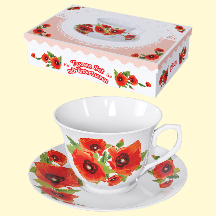 Чайный сервиз Маки 12 частей, 6 чашек + 6 блюдец