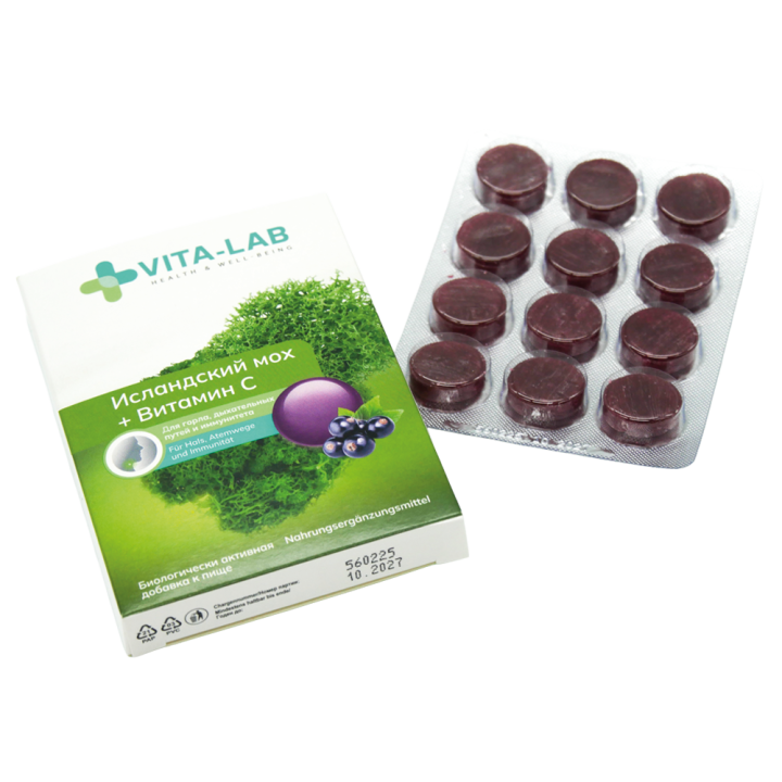 VITA-LAB Леденцы для горла с исландским мхом и витамином C, 12 шт.