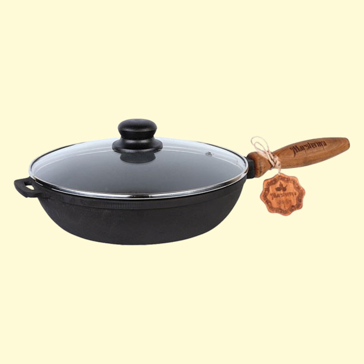 Cast iron frying pan with wooden handle and glass lid 24×4 cm