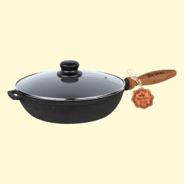 Cast iron frying pan with wooden handle and glass lid 26×6 cm