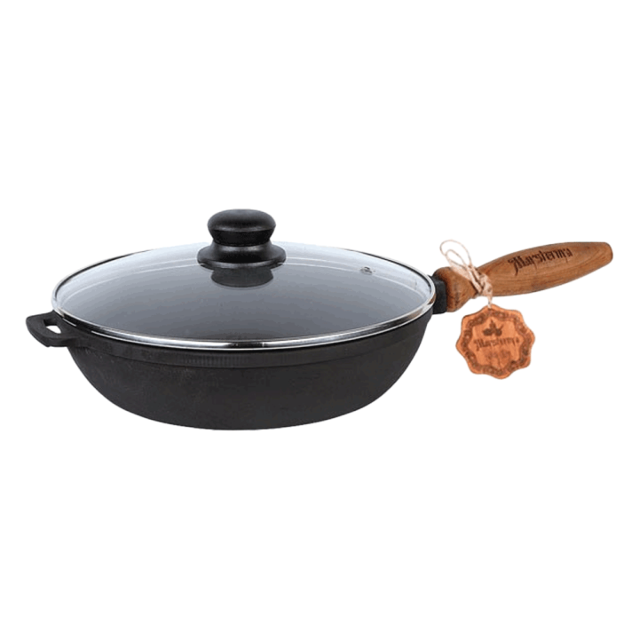 Cast iron frying pan with wooden handle and glass lid 26×6 cm