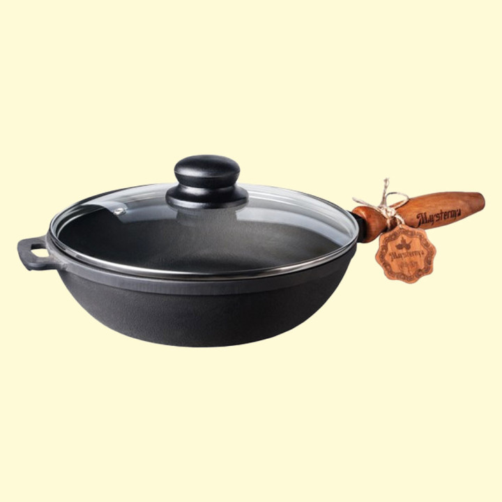 Cast iron frying pan with wooden handle and glass lid 28×6 cm